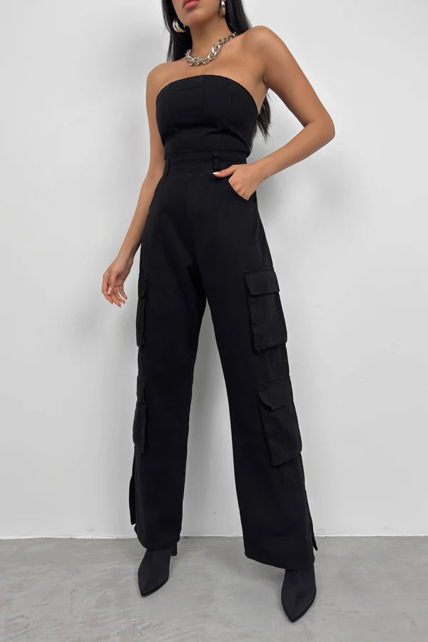 Trägerloser Denim Jumpsuit mit Cargo Taschen