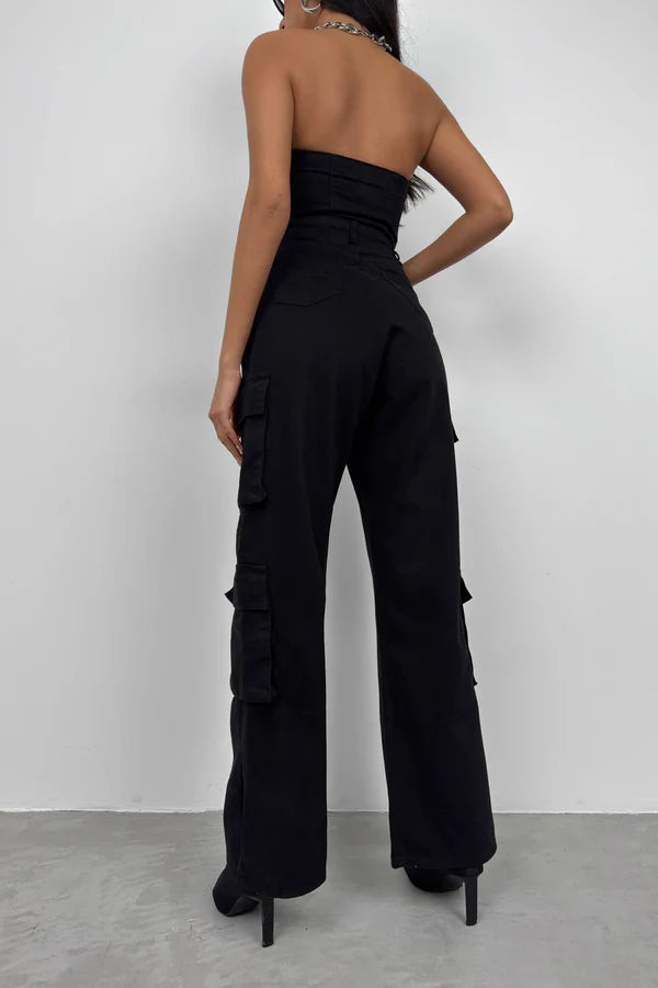 Trägerloser Denim Jumpsuit mit Cargo Taschen